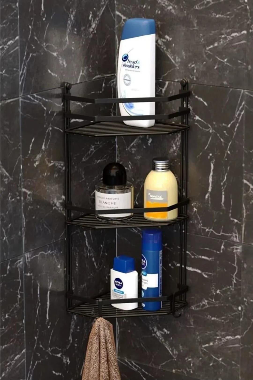 Black Corner Bathroom Shelf with 3-Tier Storage